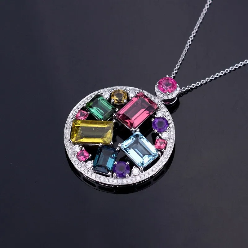 Colorful Jewel Round Pendant Sterling Silver 925 Jewelry for Women Rectangle Gemstones