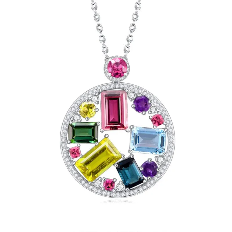 Colorful Jewel Round Pendant Sterling Silver 925 Jewelry for Women Rectangle Gemstones