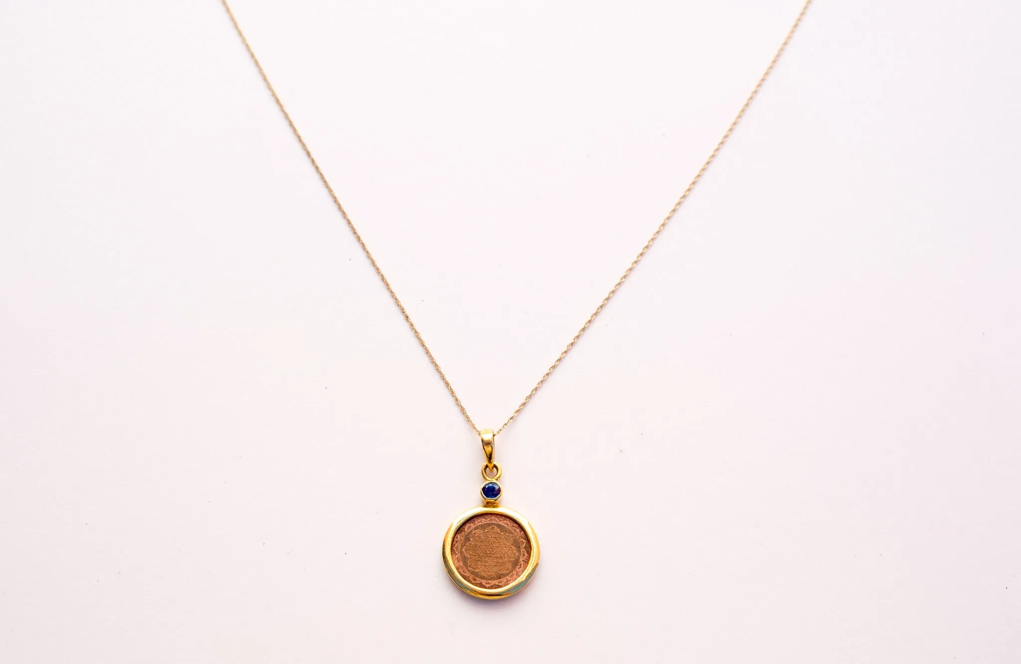 Copper with 14kt Gold Mounted with Blue Sapphire Sri Yantra 18" Pendant Necklace