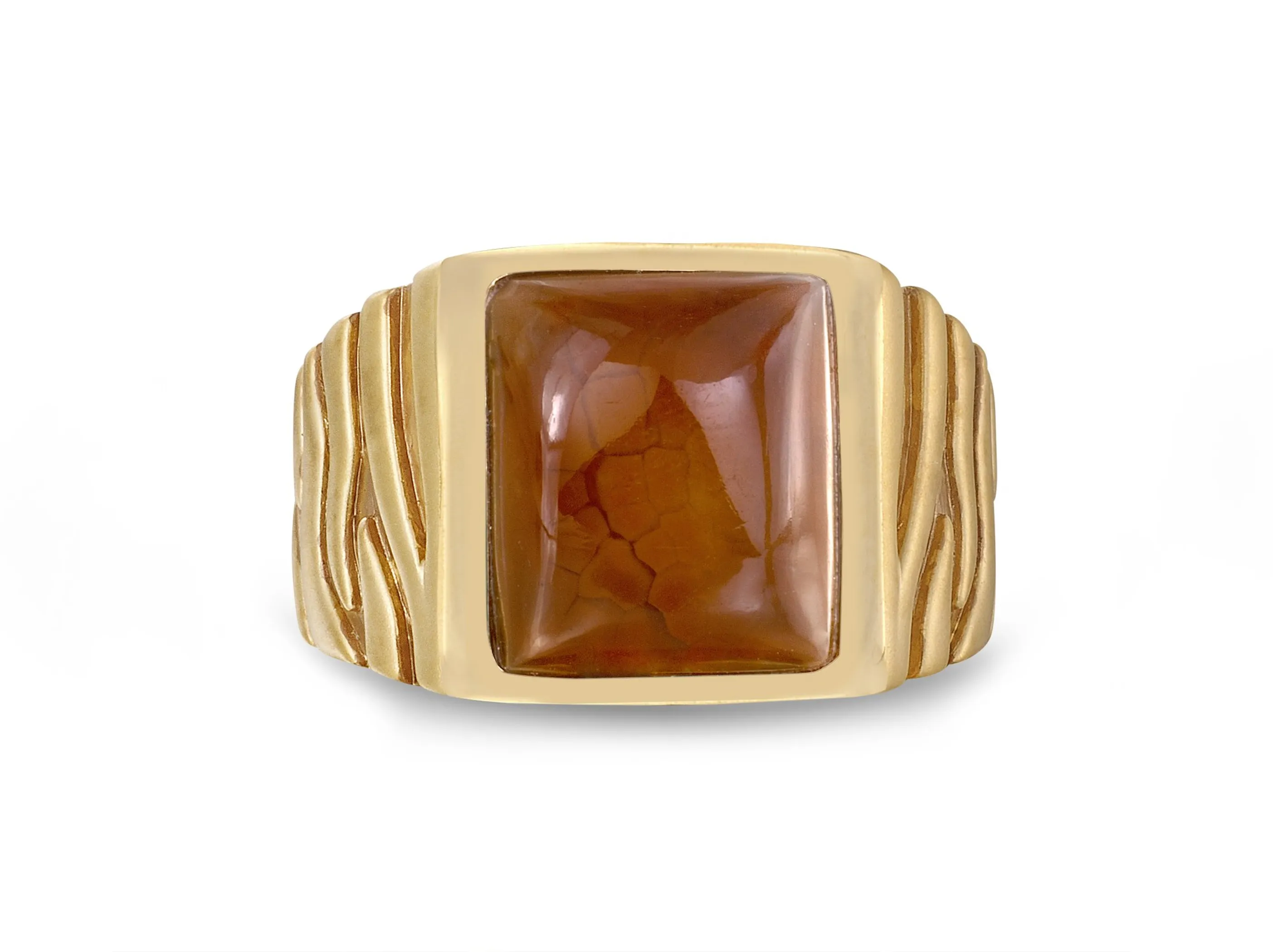 Cracked Agate Stone Signet Ring in Brown Rhodium & 14K Yellow Gold Plated Sterling Silver