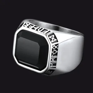 Customized Black Onyx Ring with Viking Runes for Men