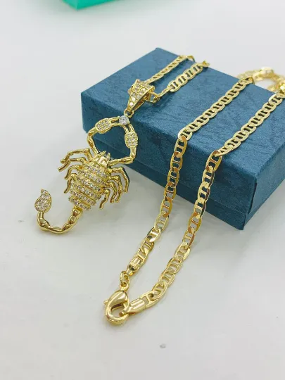 CZ Scorpion Necklace Charm Pendant with Mariner Link Chain 20" for Mens Womens / Cadena y Dije de Escorpión para Hombre y Mujer Oro Laminado