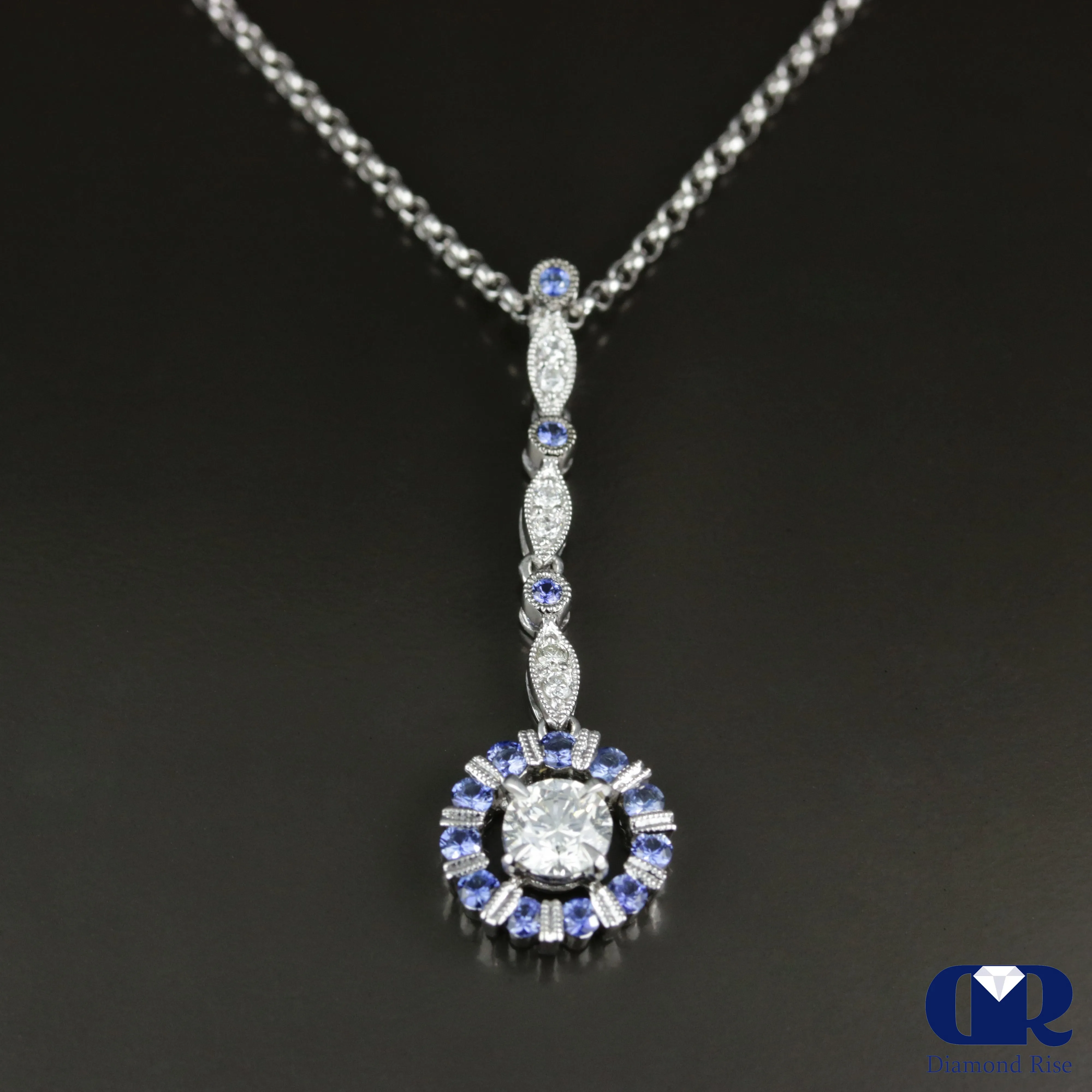 Diamond & Sapphire Drop Pendant Necklace In 18K White Gold 18"