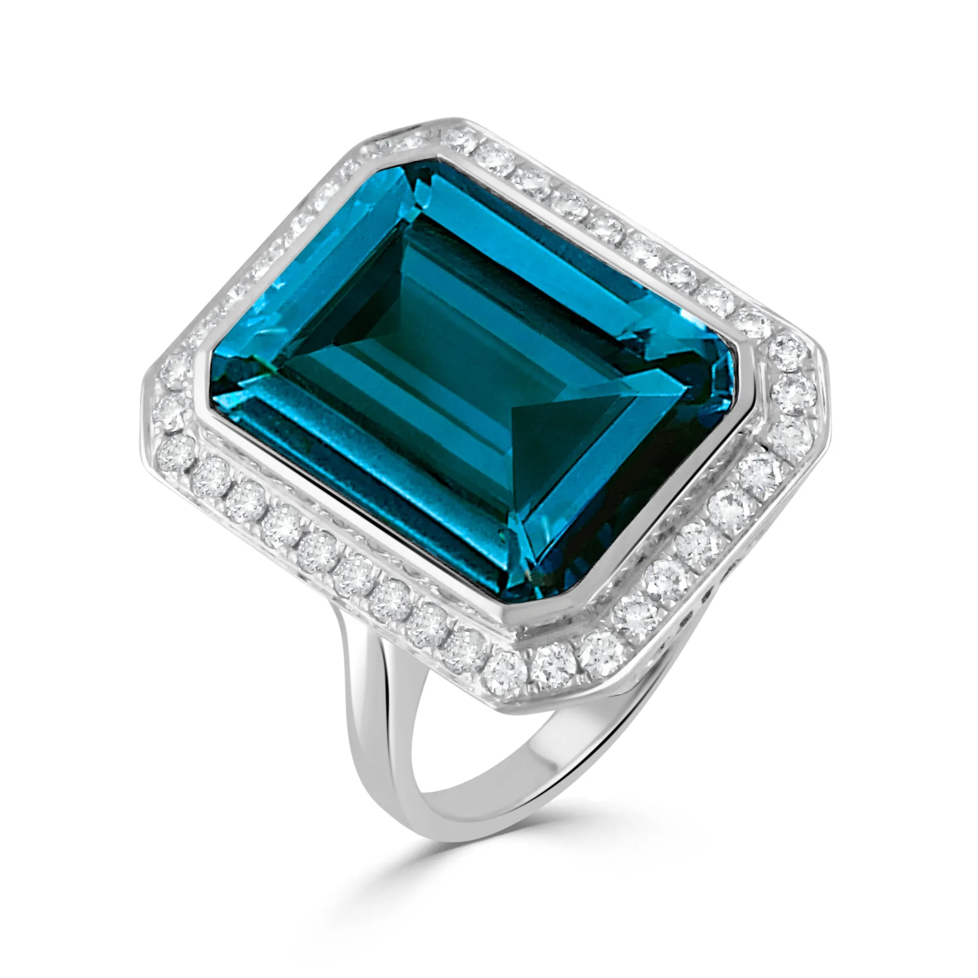 Doves Emerald Cut London Blue Topaz and Diamond Halo Ring