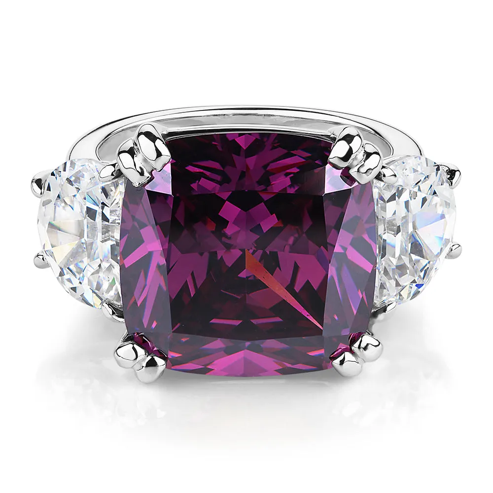 Dress ring with amethyst simulant and 5.24 carats* of diamond simulants in sterling silver