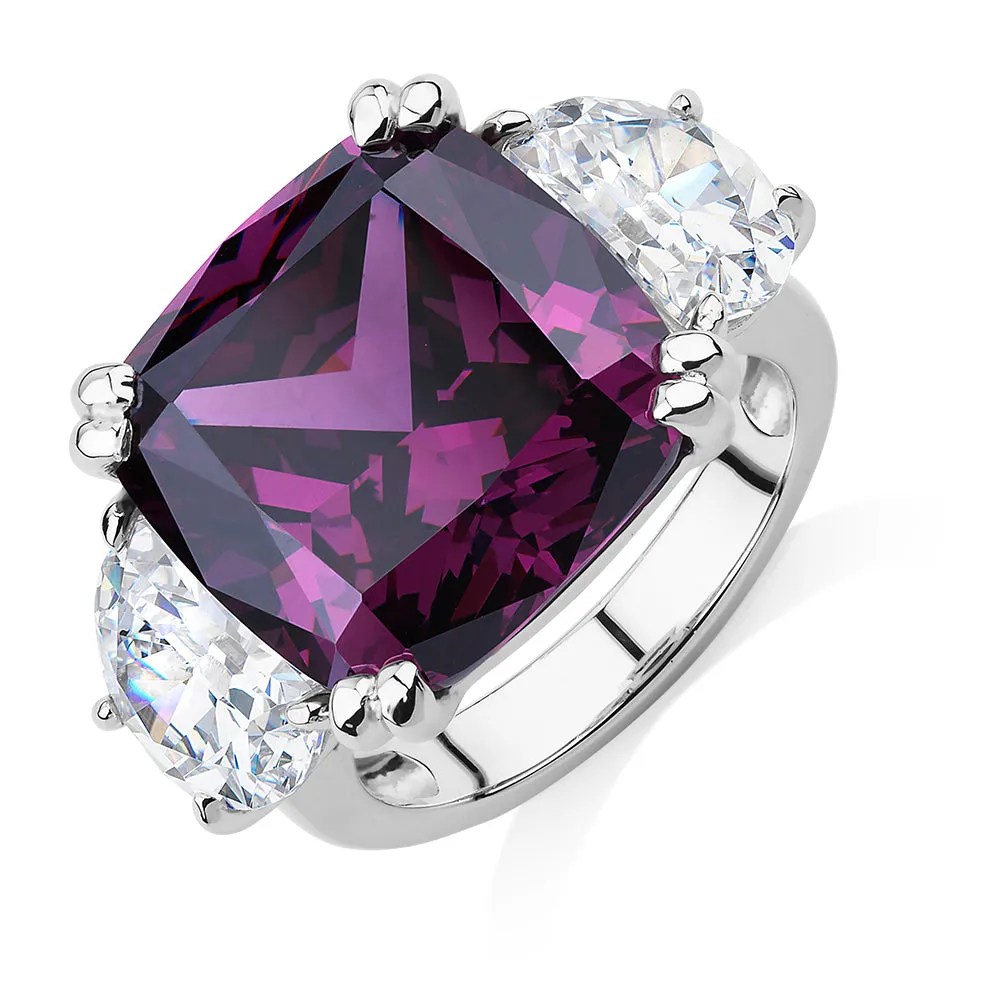 Dress ring with amethyst simulant and 5.24 carats* of diamond simulants in sterling silver