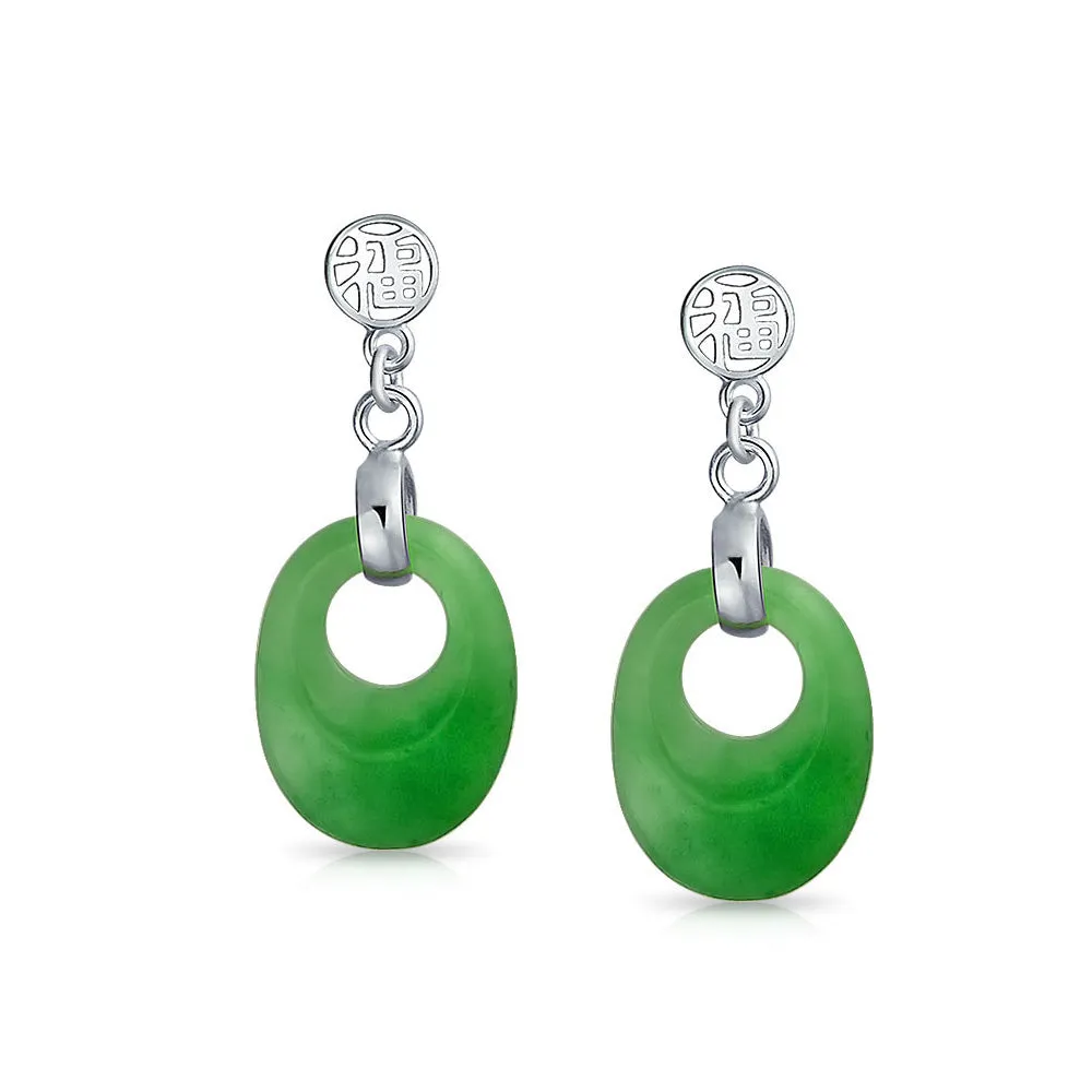 Dyed Green Jade Good Fortune Dangle Gemstone Earrings in Sterling Silver