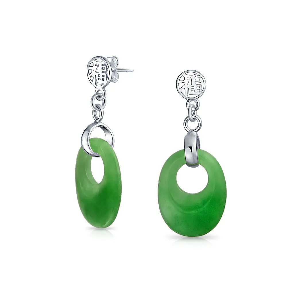 Dyed Green Jade Good Fortune Dangle Gemstone Earrings in Sterling Silver