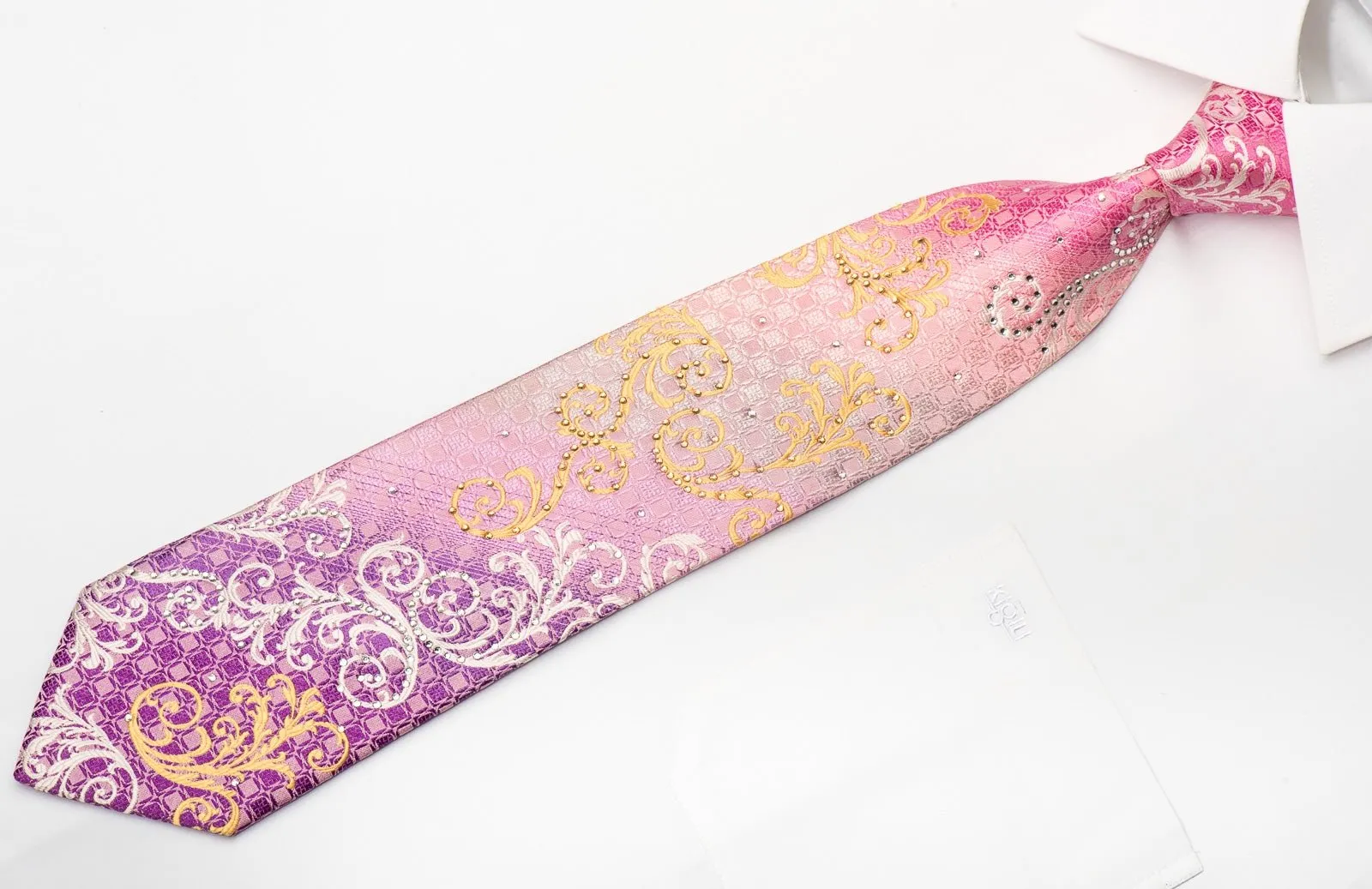 Elegance Mens Silk Necktie Golden Scrolls on Pink Sparkling With Rhhinestones