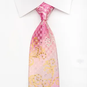 Elegance Mens Silk Necktie Golden Scrolls on Pink Sparkling With Rhhinestones