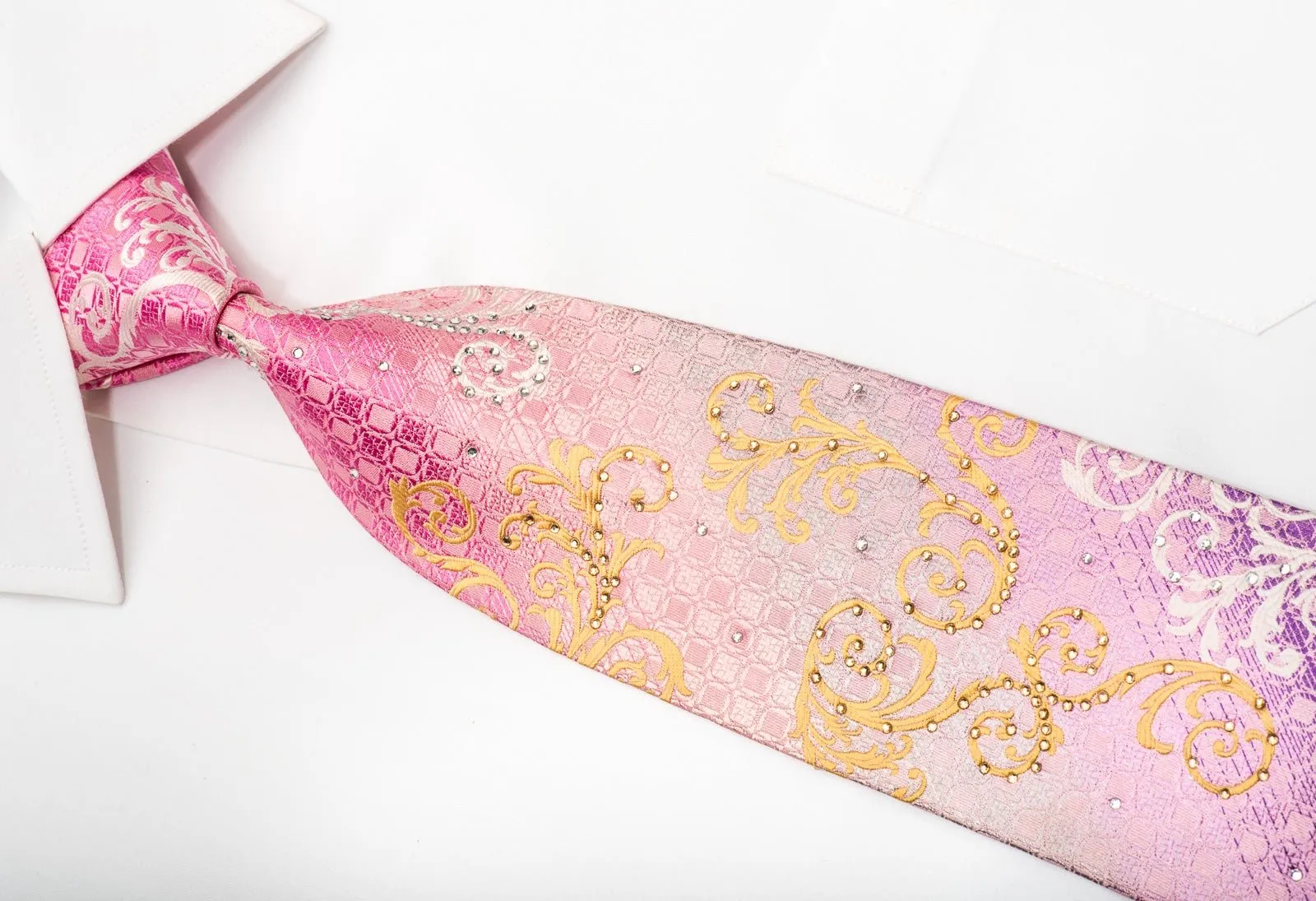 Elegance Mens Silk Necktie Golden Scrolls on Pink Sparkling With Rhhinestones