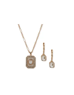 Emerald Cut Stone Pendant Necklace and Earring Set