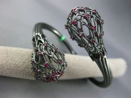 ESTATE EXTRA LARGE .80CT RUBY 18KT BLACK GOLD 3D FLORAL FILIGREE BANGLE BRACELET