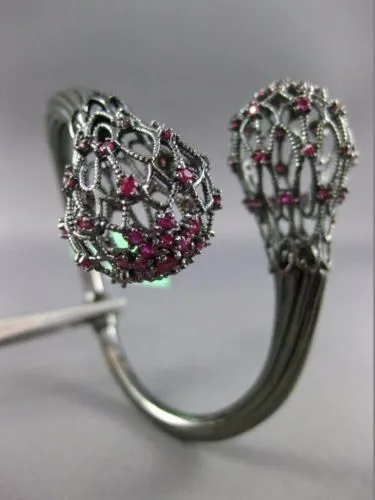 ESTATE EXTRA LARGE .80CT RUBY 18KT BLACK GOLD 3D FLORAL FILIGREE BANGLE BRACELET