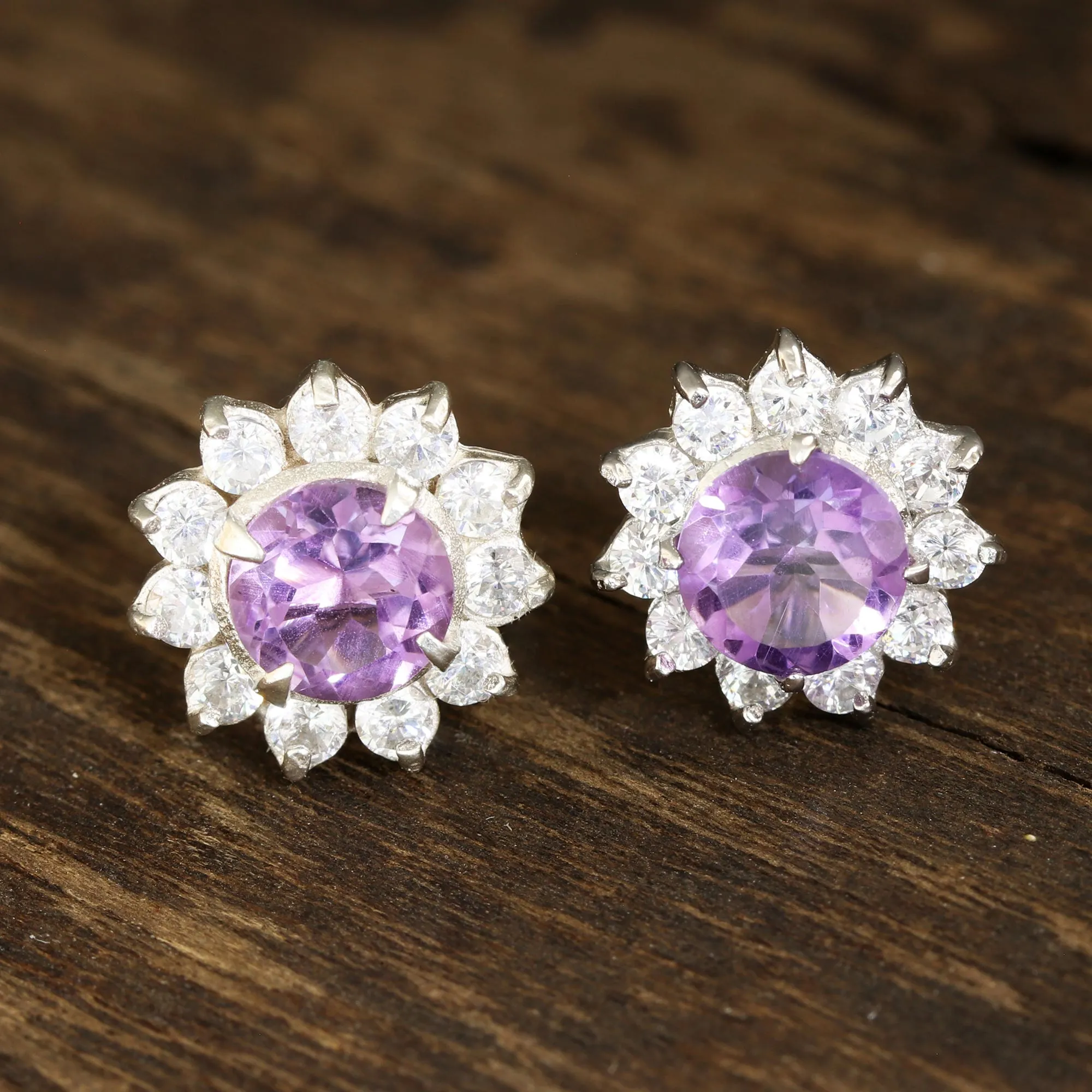 Floral Amethyst Stud Earrings Crafted in India - Gleaming Flower | NOVICA