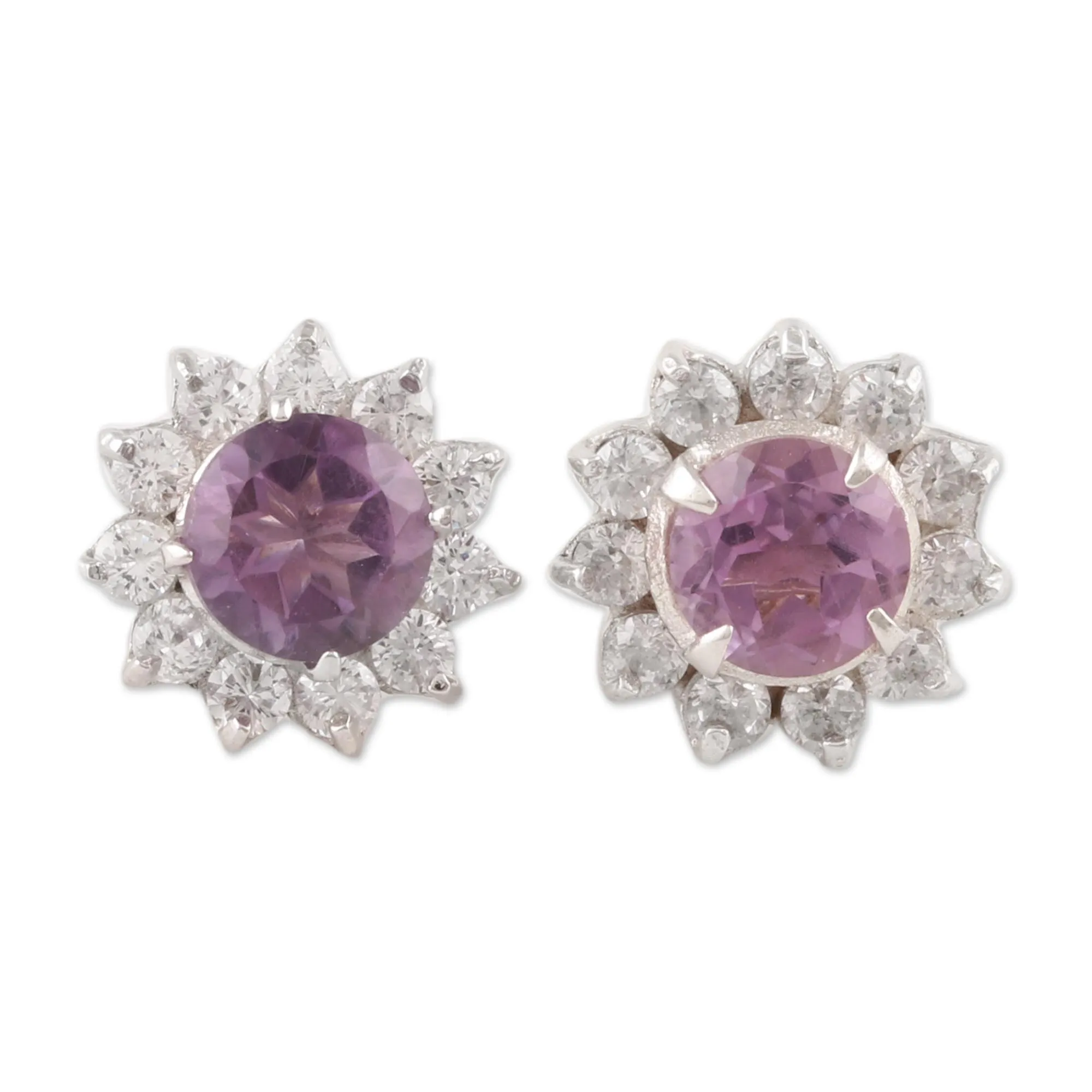 Floral Amethyst Stud Earrings Crafted in India - Gleaming Flower | NOVICA