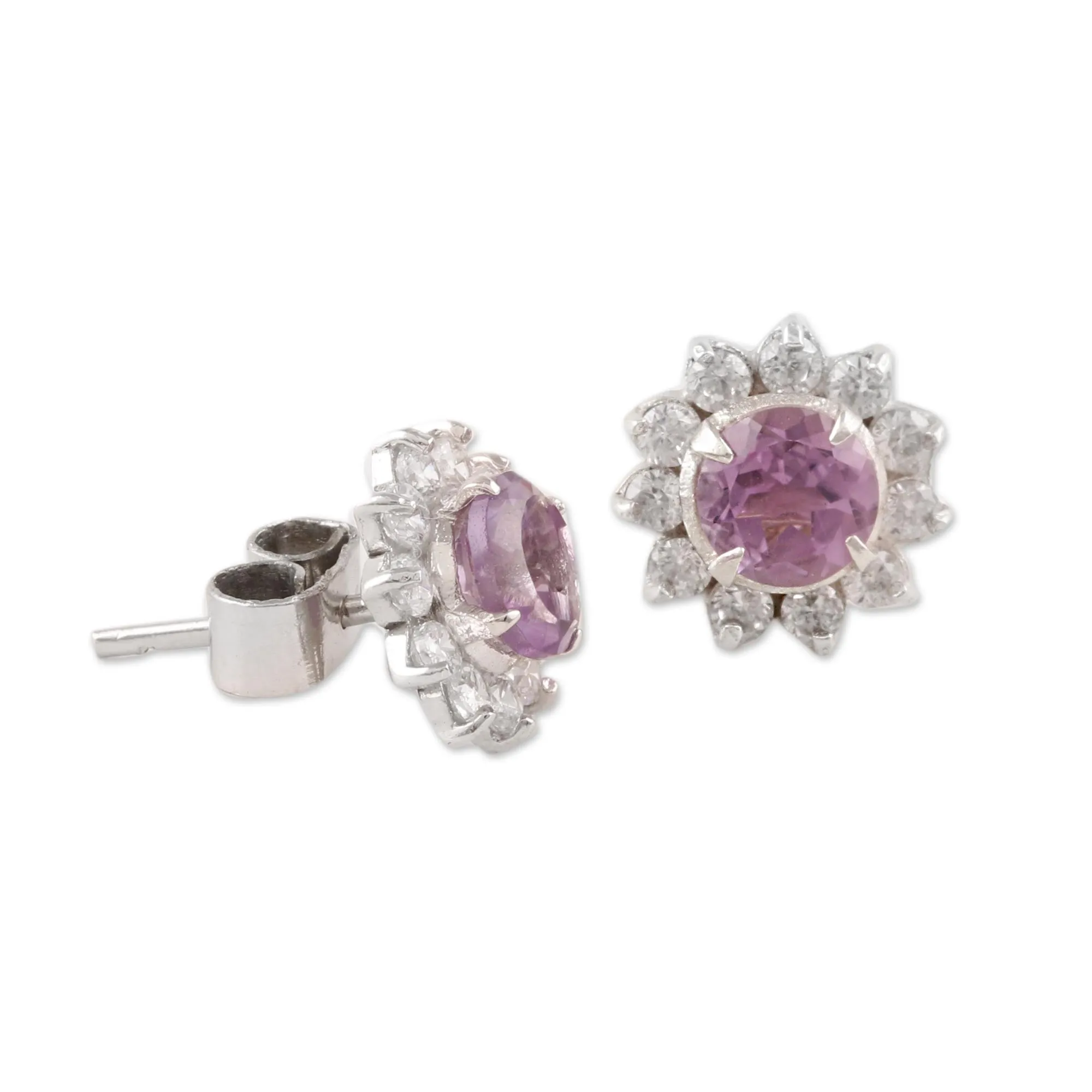 Floral Amethyst Stud Earrings Crafted in India - Gleaming Flower | NOVICA