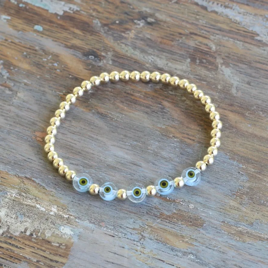 Gold Five Evil Eye Bracelet - Light Blue