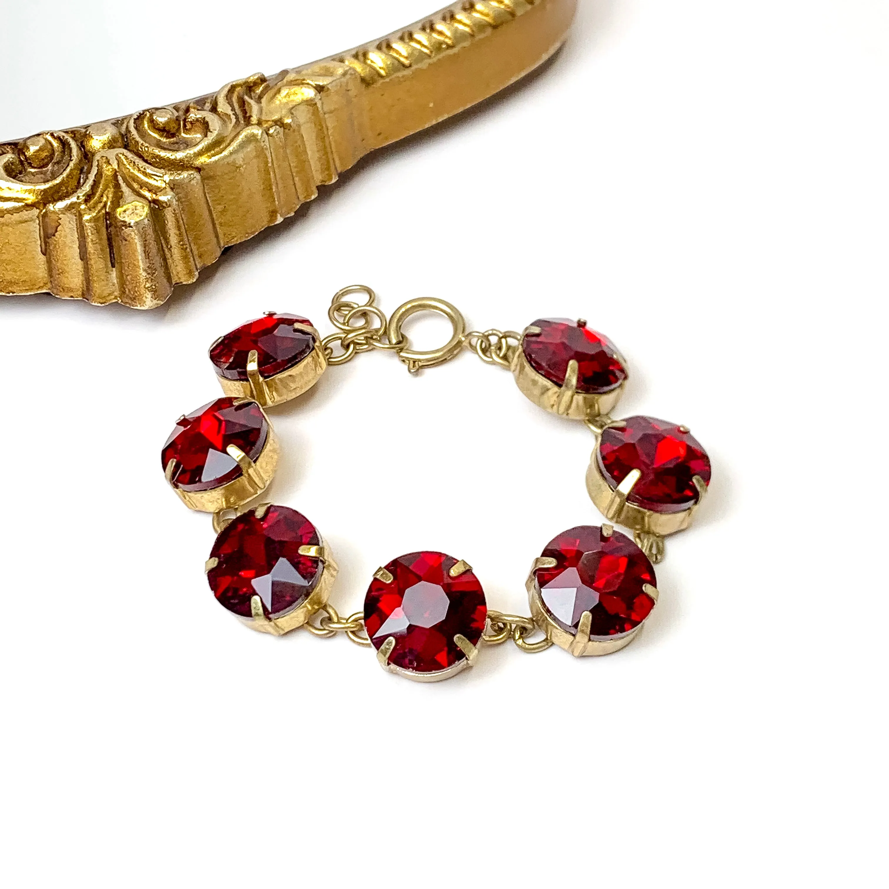 Gold Tone Maroon Red Round Crystal Bracelet