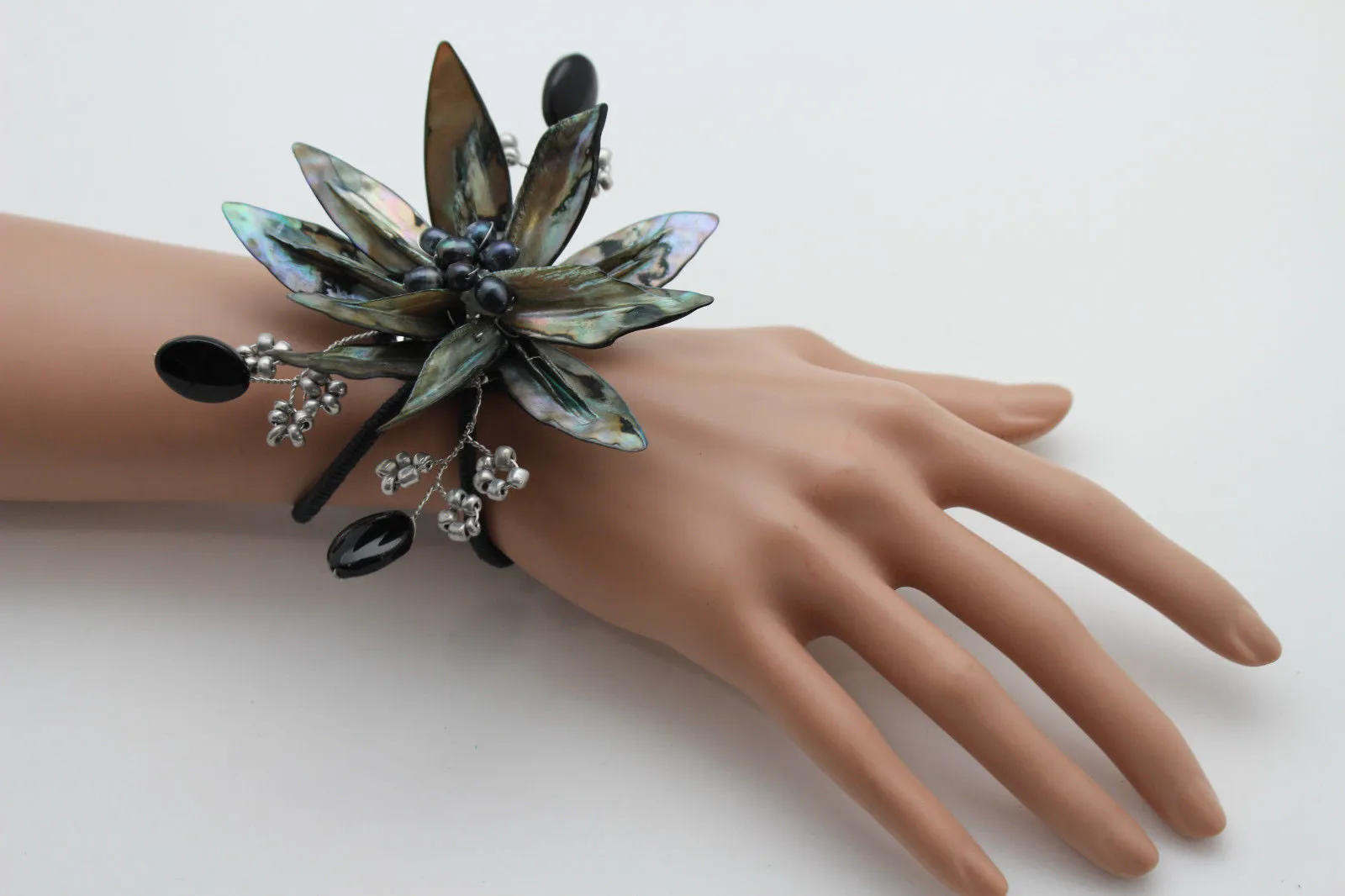 Grey Black Beads Flower Elastic Cuff Bracelet Band Women Unique