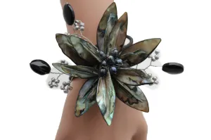 Grey Black Beads Flower Elastic Cuff Bracelet Band Women Unique