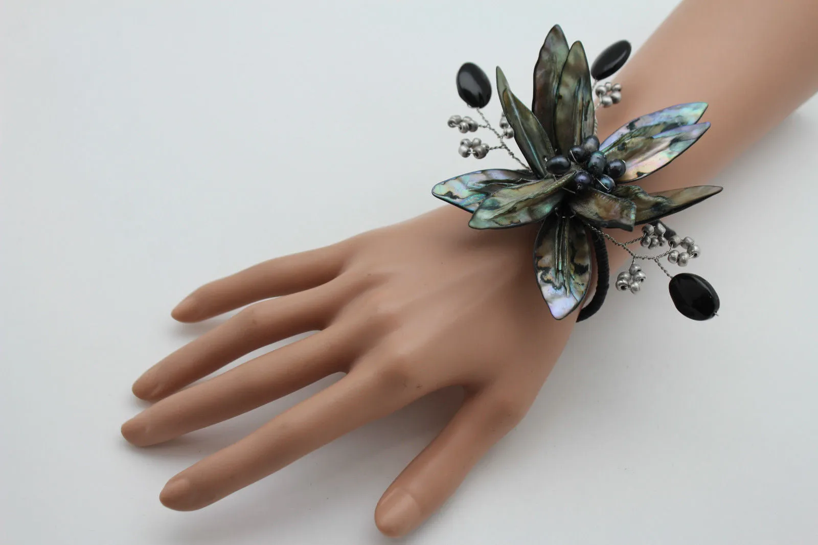 Grey Black Beads Flower Elastic Cuff Bracelet Band Women Unique