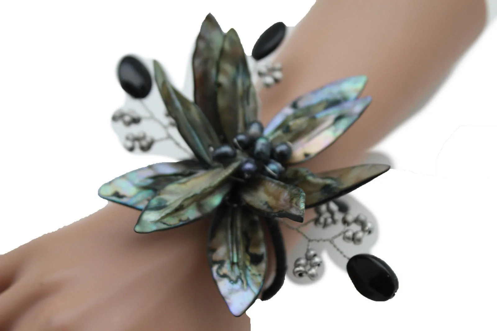 Grey Black Beads Flower Elastic Cuff Bracelet Band Women Unique