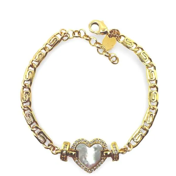 Heart Shape Mother of Pearl Charm On 18kt GF Scroll Chain Bracelet (BCG455HRT)