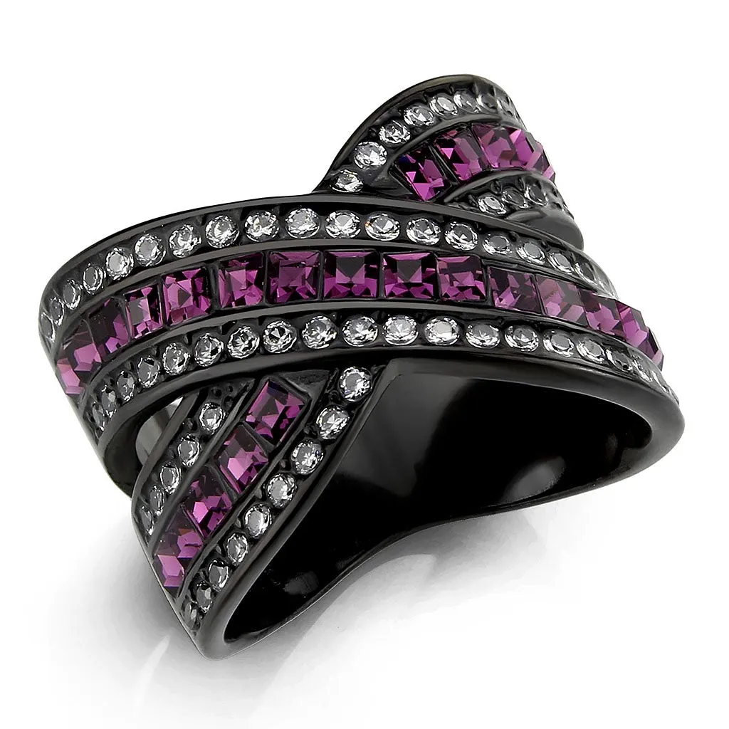 IP Black (Ion Plating) Stainless Steel Ring with Top Grade Crystal in Amethyst for Women Style TK3791