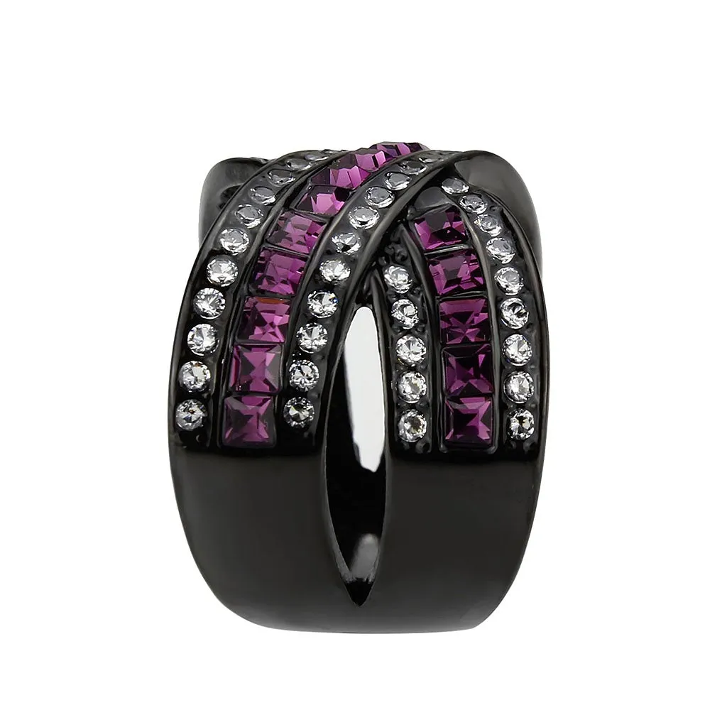 IP Black (Ion Plating) Stainless Steel Ring with Top Grade Crystal in Amethyst for Women Style TK3791