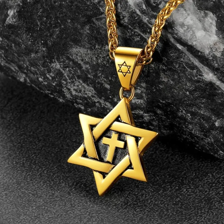 Jewish Star of David With Cross Necklace for Men