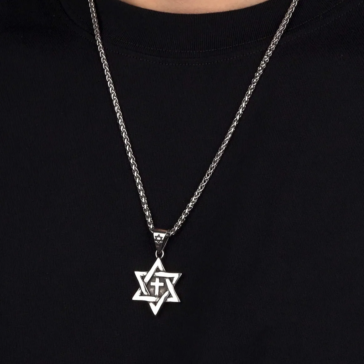 Jewish Star of David With Cross Necklace for Men