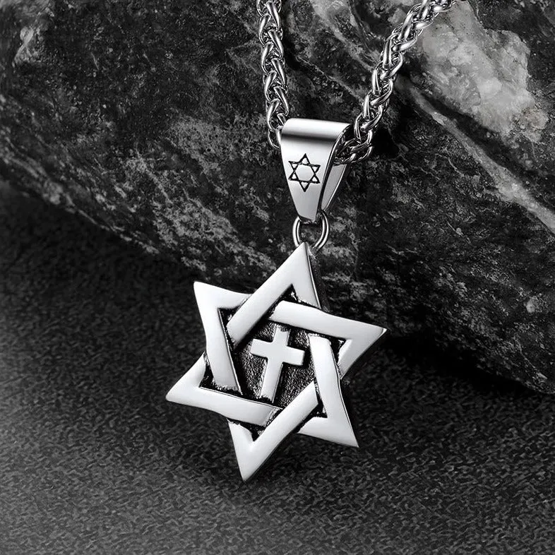 Jewish Star of David With Cross Necklace for Men