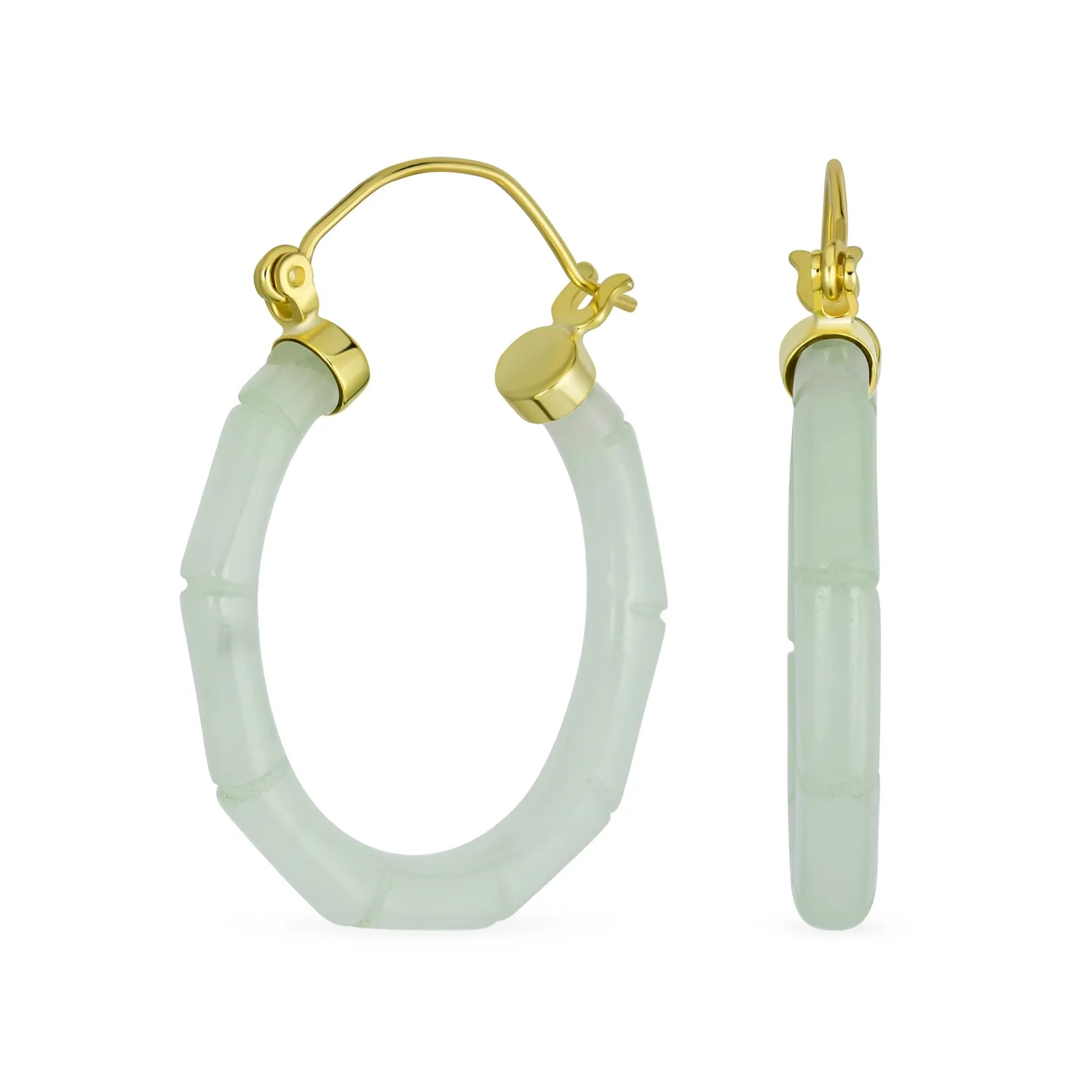 Light Green Jade Gemstone Bamboo CZ Hoop Earrings 14K Gold Plated Silver 1.2"