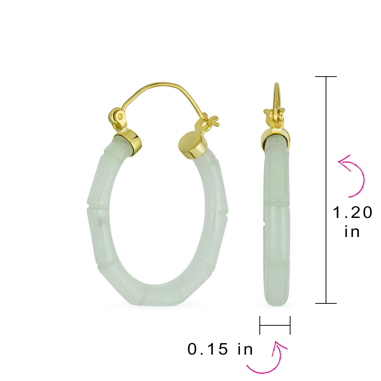 Light Green Jade Gemstone Bamboo CZ Hoop Earrings 14K Gold Plated Silver 1.2"