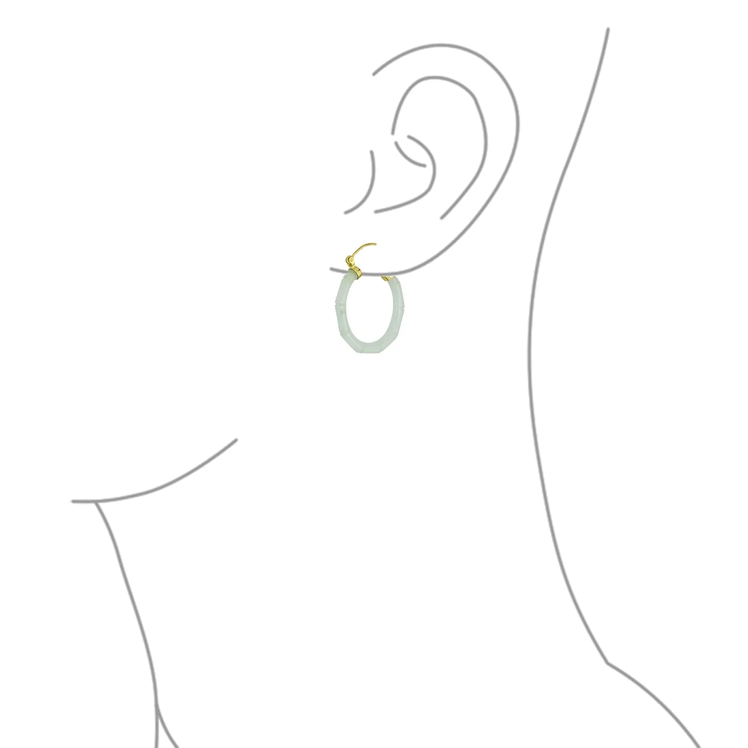 Light Green Jade Gemstone Bamboo CZ Hoop Earrings 14K Gold Plated Silver 1.2"