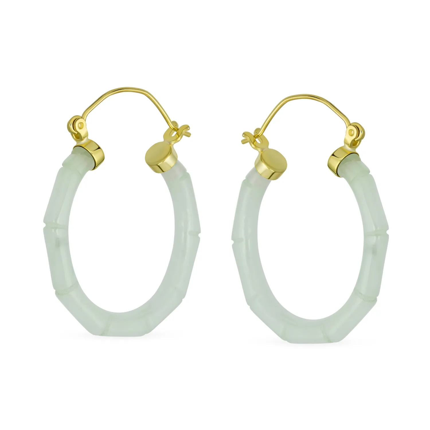 Light Green Jade Gemstone Bamboo CZ Hoop Earrings 14K Gold Plated Silver 1.2"