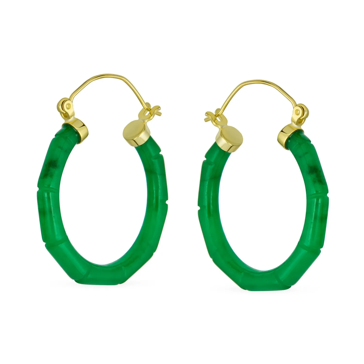 Light Green Jade Gemstone Bamboo CZ Hoop Earrings 14K Gold Plated Silver 1.2"