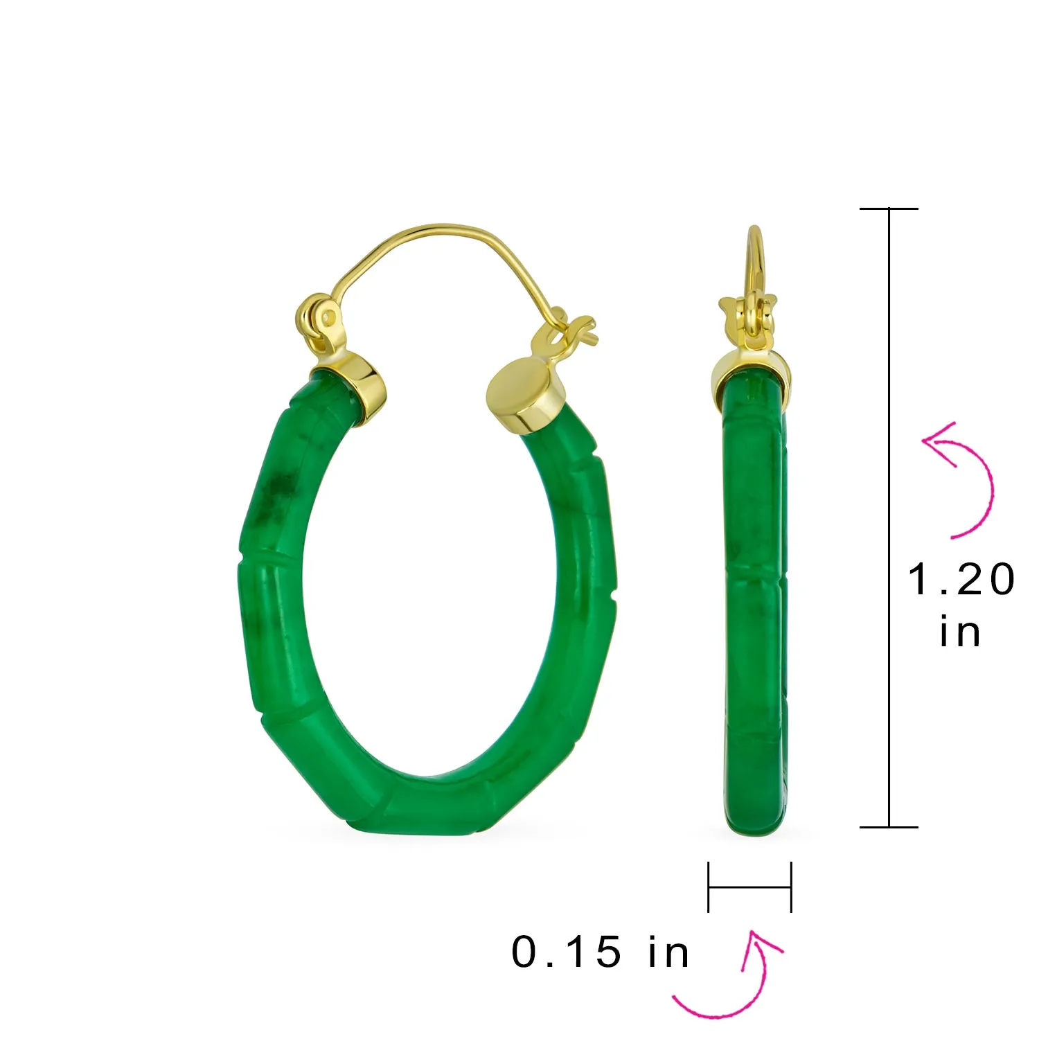 Light Green Jade Gemstone Bamboo CZ Hoop Earrings 14K Gold Plated Silver 1.2"