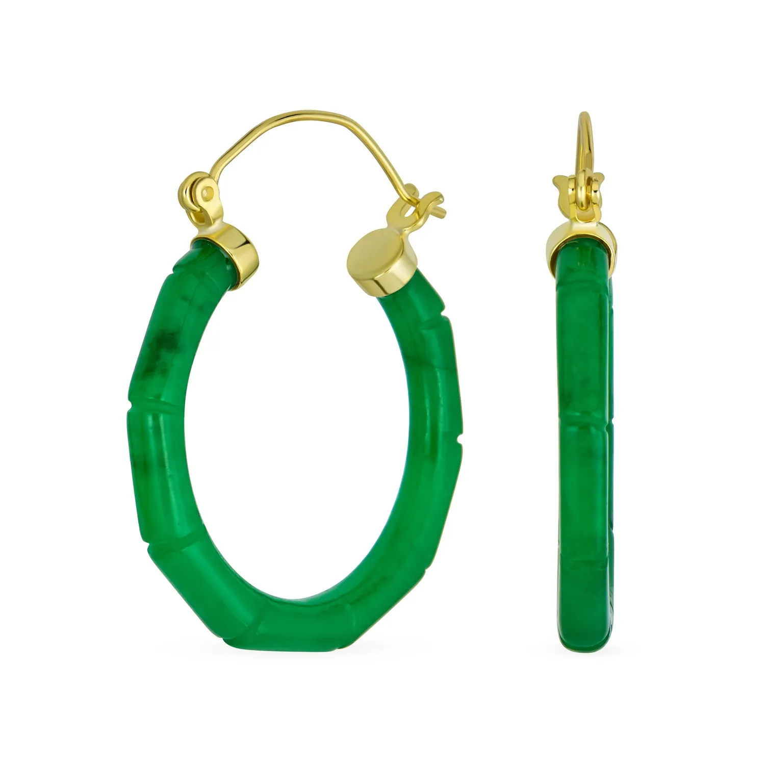 Light Green Jade Gemstone Bamboo CZ Hoop Earrings 14K Gold Plated Silver 1.2"