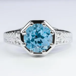 LONDON BLUE TOPAZ STERLING SILVER RING VINTAGE STYLE ART DECO SOLITAIRE ROUND