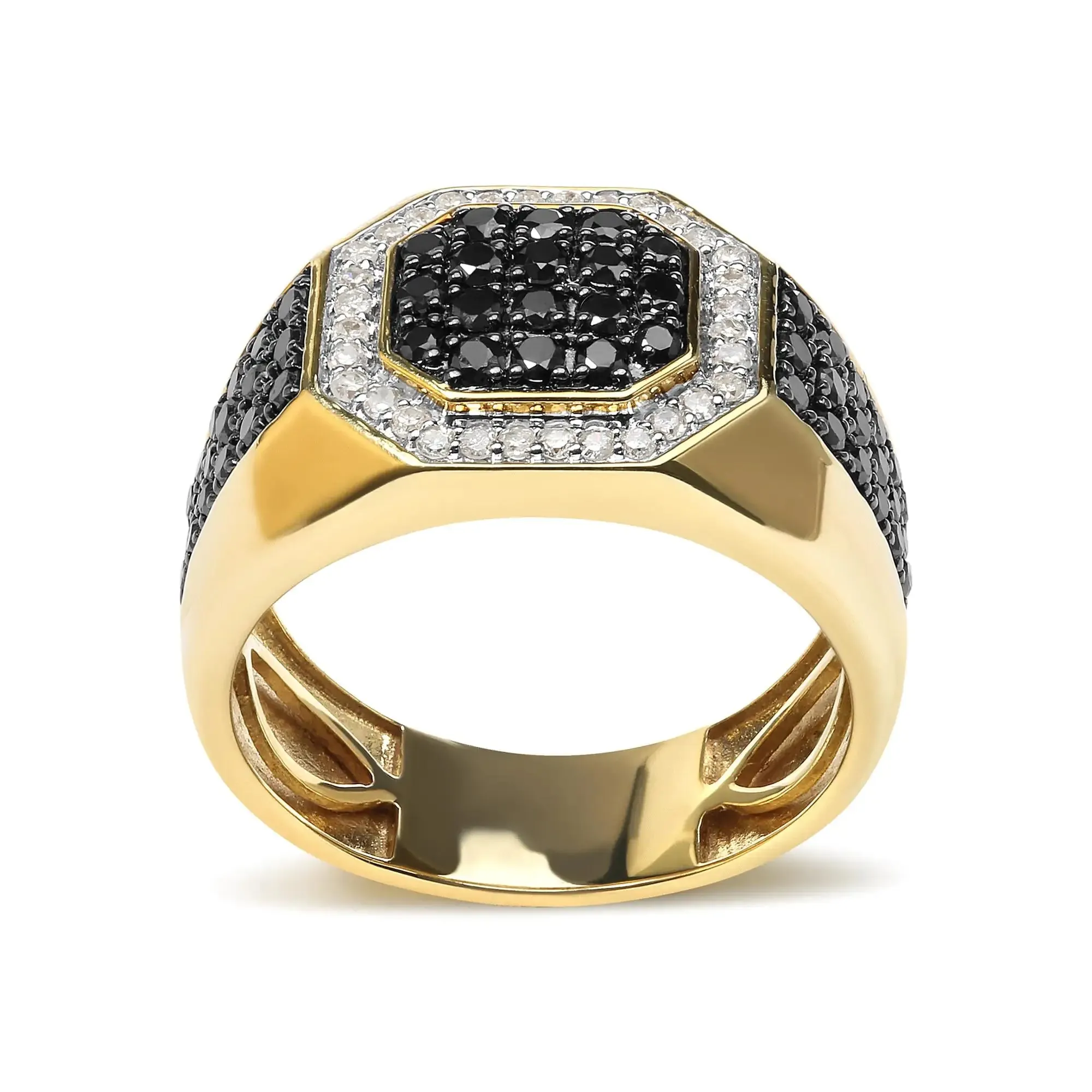 Men's 14K Yellow Gold Plated .925 Sterling Silver 1 1/4 Cttw White and Black Diamond Signet Style Band Ring (Black / I-J Color, I2-I3 Clarity)