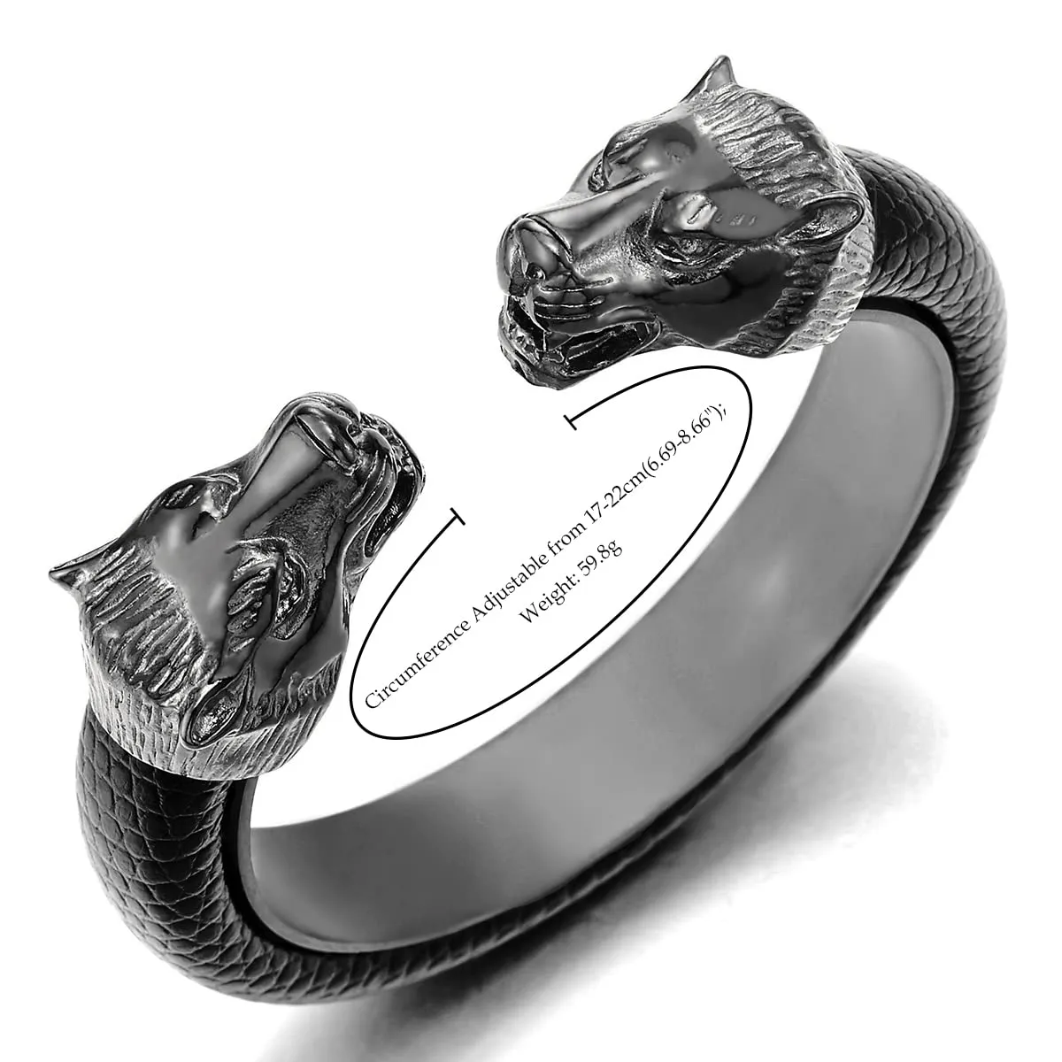 Mens Grey Black Steel Wolf Head Open Cuff Bangle Bracelet with Black Leather, Elastic Adjustable