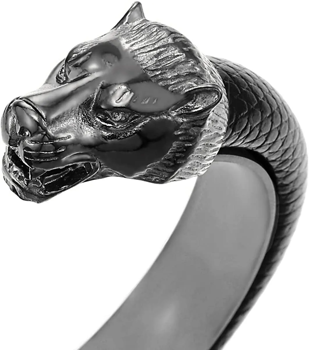 Mens Grey Black Steel Wolf Head Open Cuff Bangle Bracelet with Black Leather, Elastic Adjustable