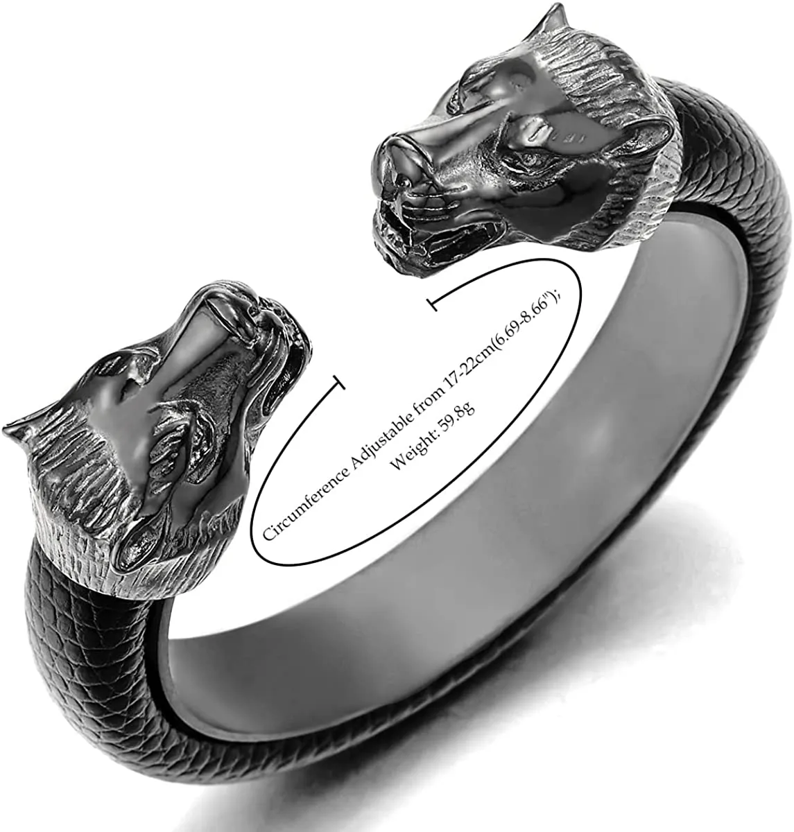 Mens Grey Black Steel Wolf Head Open Cuff Bangle Bracelet with Black Leather, Elastic Adjustable