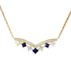 MODERN YELLOW GOLD NECKLACE WITH SQUARE SAPPHIRES AND DIAMONDS, .42 CT TW