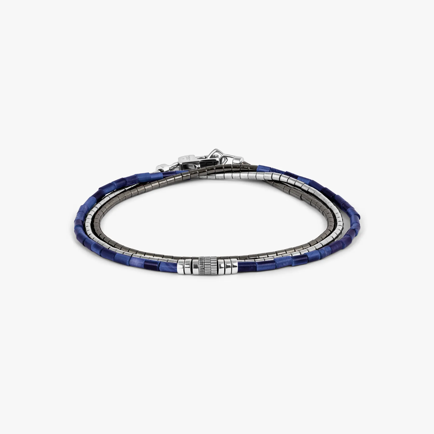 Navaho Triple Wrap Beaded Bracelet in Rhodium Plated Silver with Sodalite and Hematite