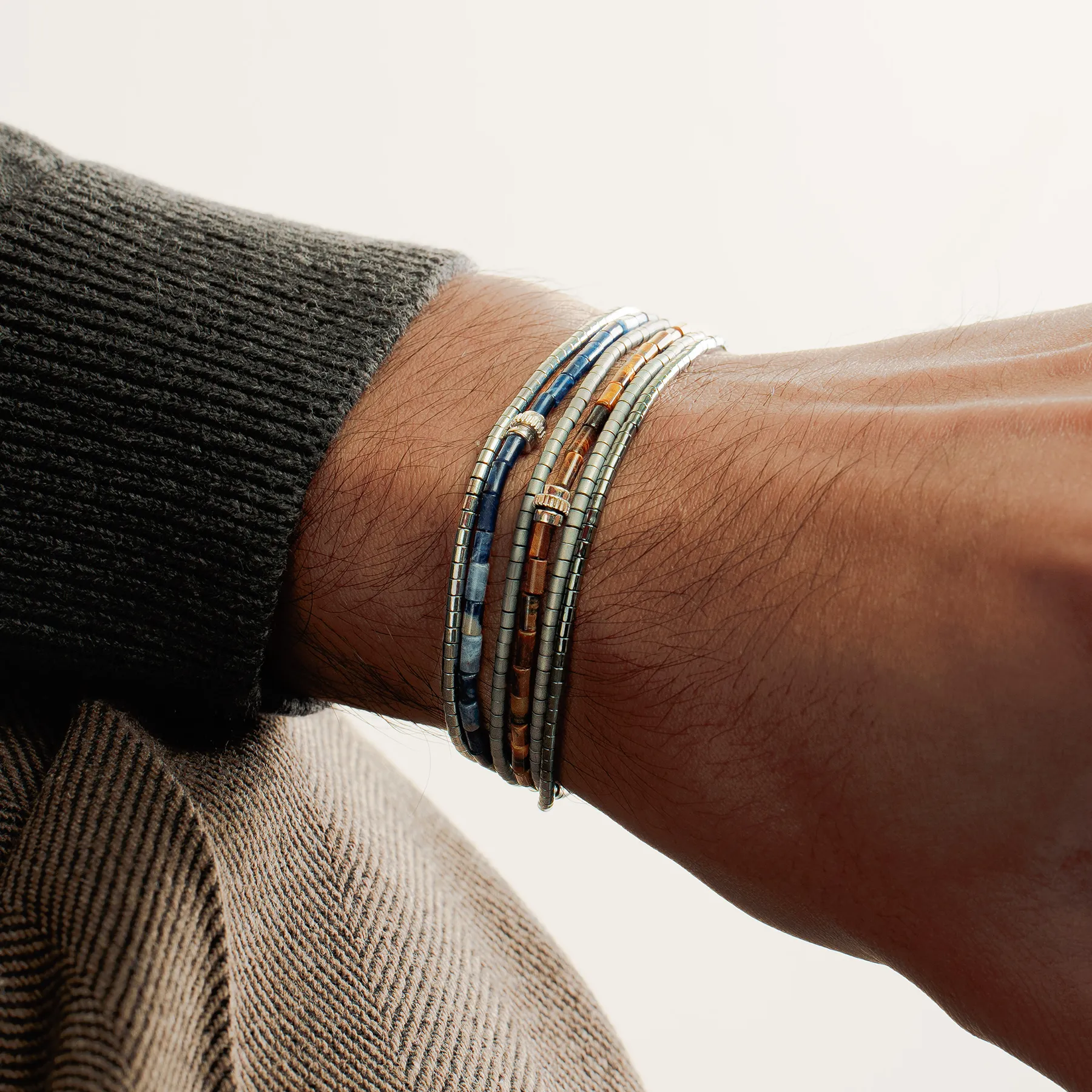 Navaho Triple Wrap Beaded Bracelet in Rhodium Plated Silver with Sodalite and Hematite