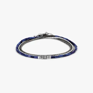 Navaho Triple Wrap Beaded Bracelet in Rhodium Plated Silver with Sodalite and Hematite