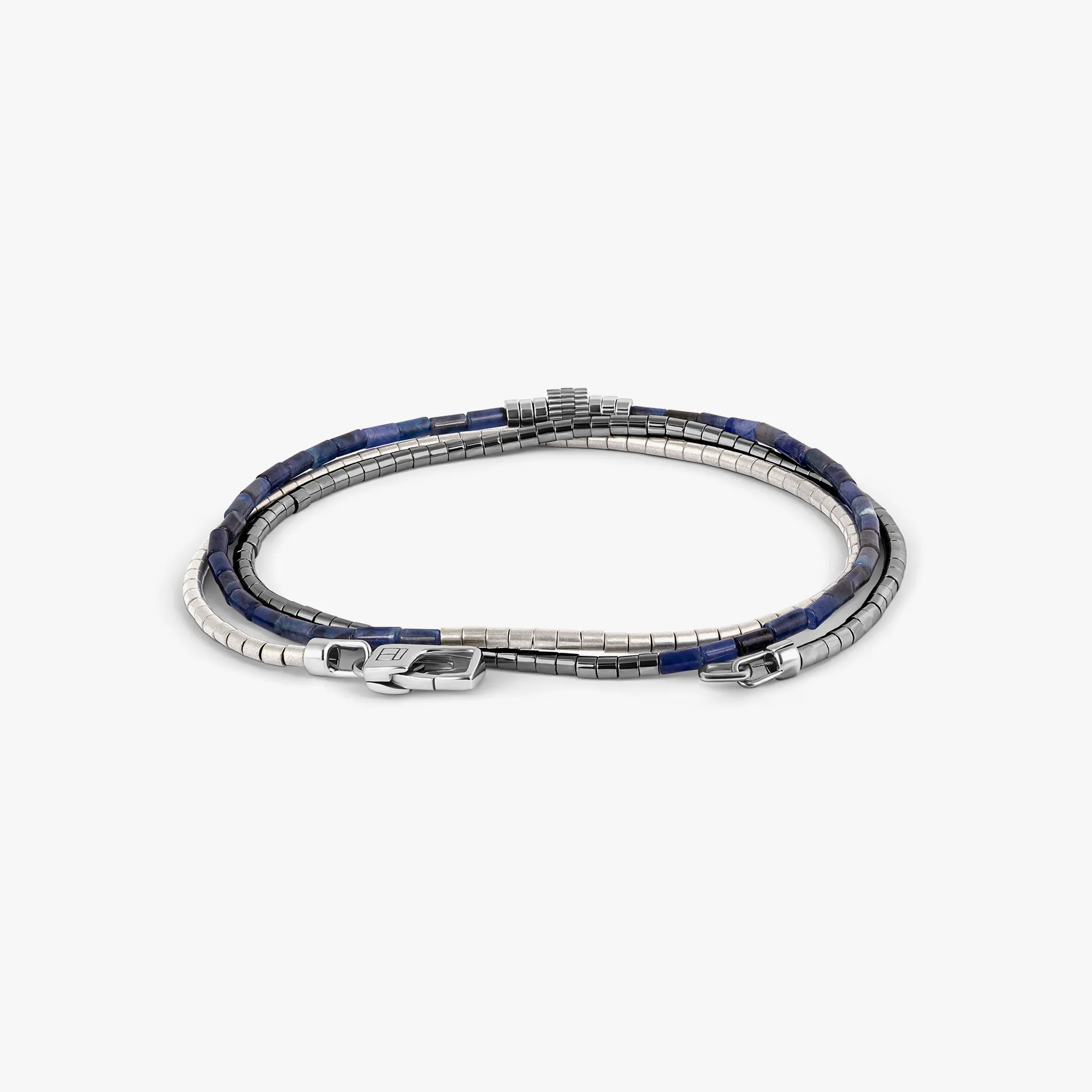 Navaho Triple Wrap Beaded Bracelet in Rhodium Plated Silver with Sodalite and Hematite